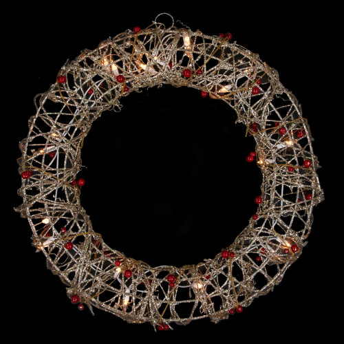 18" Pre-Lit Champagne Gold Glittered Rattan Berry Artificial Christmas Wreath - Clear Lights