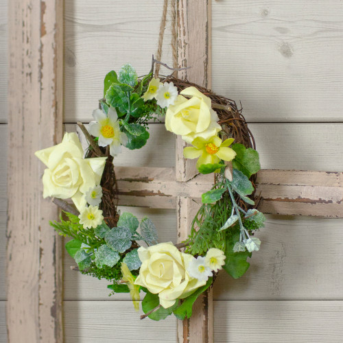 Mini Rose and Foliage Spring Wreath, Yellow 7"