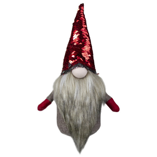 Gnome with Beard and Flip Sequin Hat Christmas Figure - 9" - Red and Gray