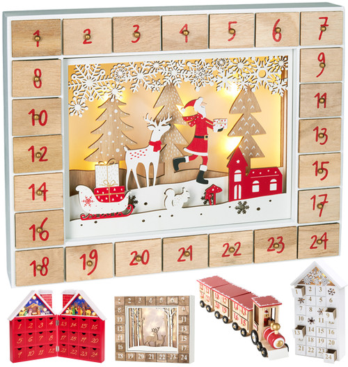 BRUBAKER Reusable Wooden Advent Calendar to Fill - Santa Claus in the Forest with LED Lighting - DIY Christmas Calendar 13.98 x 2.36 x 10.63 inches