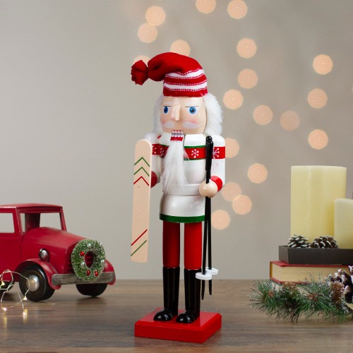 14" Red and White Wooden Skiing Christmas Nutcracker