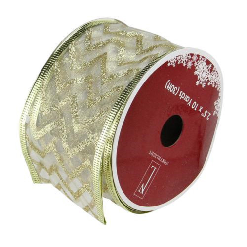 Sparkling Gold Chevron Wired Christmas Craft Ribbon 2.5" x 10 Yards