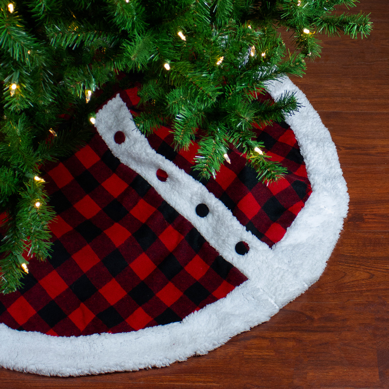 48" Black and Red Buttoned Buffalo Plaid Christmas Tree Skirt