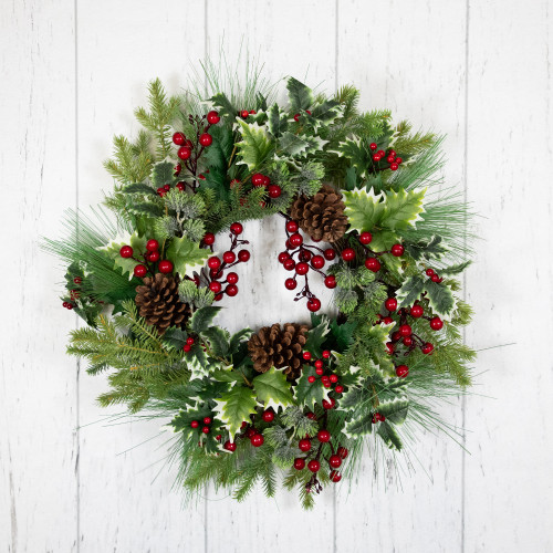 Holly and Berries, Frosted Thistle and Pine Artificial Christmas Wreath - 24" - Unlit