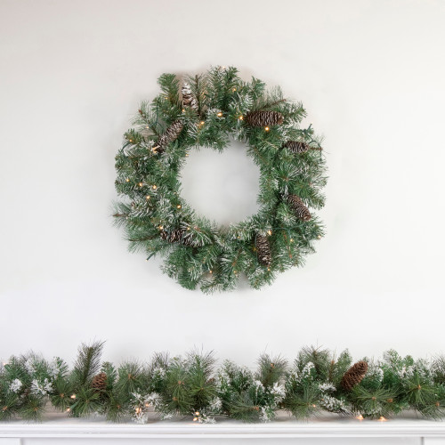 Pre-Lit Battery Operated Frosted Pine Christmas Wreath - 24" - Warm White LED Lights