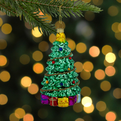 5" Shiny Green Decorated Christmas Tree Hanging Glass Ornament