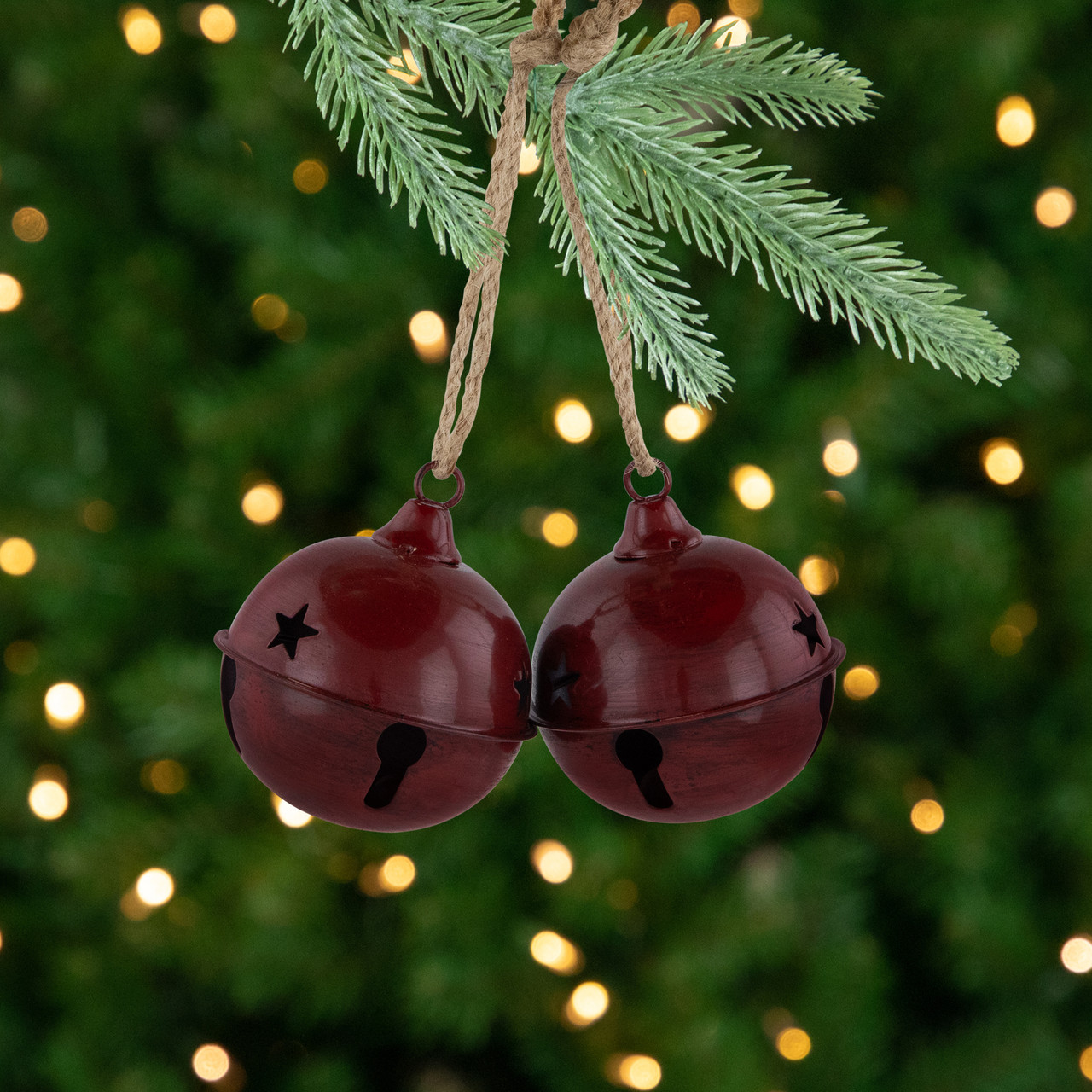 Antiqued Jingle Bell Christmas Ornaments -  3" - Burgundy - Set of 2