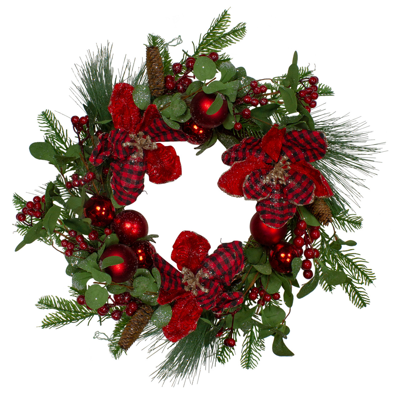 Magnolia and Red Berries Artificial Christmas Wreath - 22-Inch, Unlit