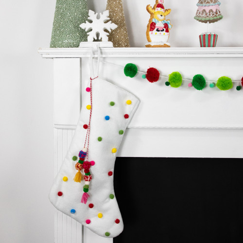 20" White Christmas Stocking with Multicolor Pom-Poms and Tassels
