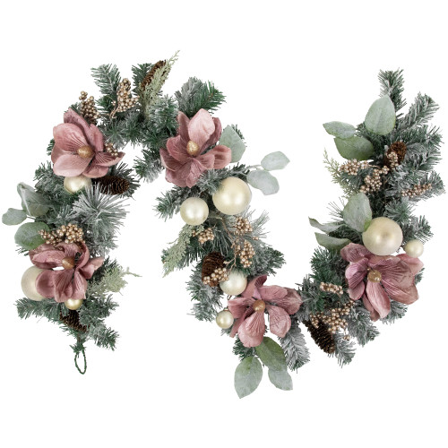 6' Pink Floral and Ball Ornament Frosted Pine Artificial Christmas Garland