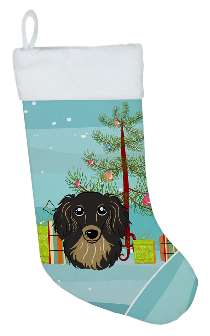 Christmas Tree and Longhair Black and Tan Dachshund Christmas Stocking BB1585CS