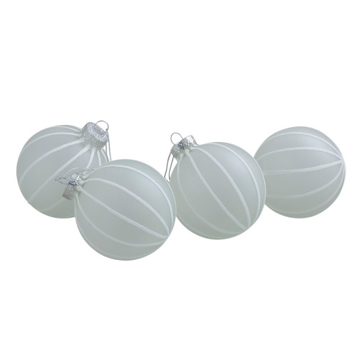 4ct Clear Frosted and White Glitter Striped Matte Glass Christmas Ball Ornaments 3.5" (90mm)
