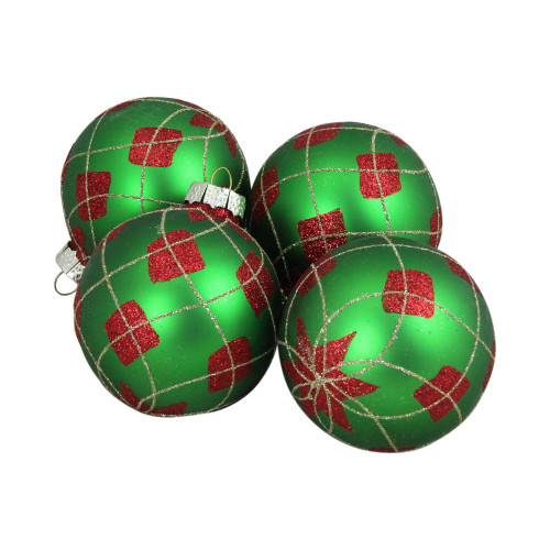 4ct Green and Red Argyle Diamond Pattern Christmas Ball Ornaments 3.25" (80mm)