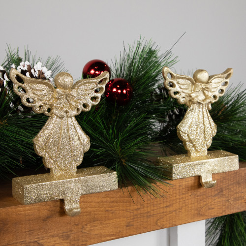 Angel Glittered Christmas Stocking Holders - 5.5" - Gold - Set of 2