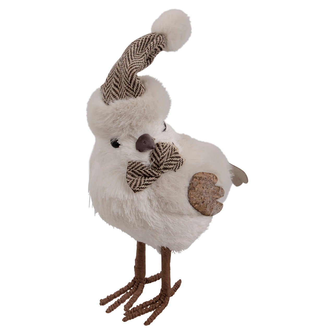 Standing Bird with Chevron Bow Tie and Faux Fur Winter Hat Christmas Figure - 10"