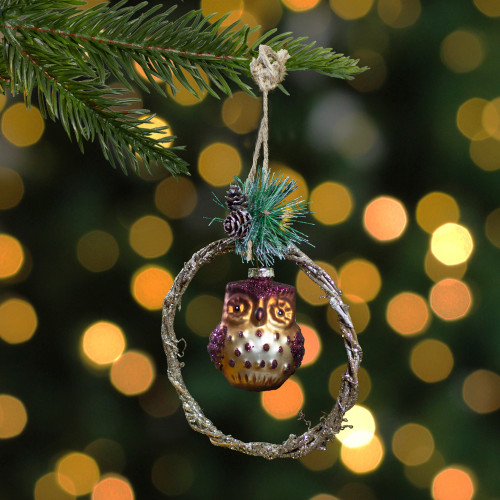 5.25" Brown Glass Owl in a Twig Wreath Christmas Ornament