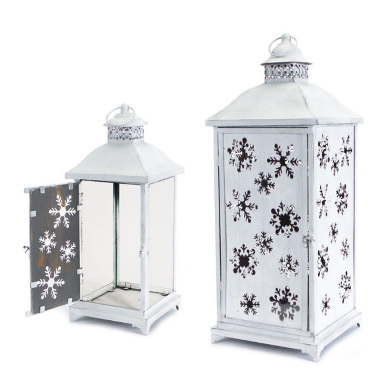 Set of 2 Large White Cut-Out Snowflake All-Weather Iron and Glass Christmas Candle Lanterns