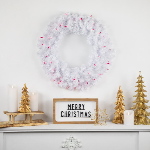Pre-Lit Woodbury White Pine Artificial Christmas Wreath, 24-Inch, Pink Lights