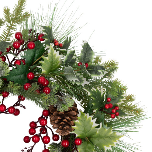 Holly and Berries, Frosted Thistle and Pine Artificial Christmas Wreath - 24" - Unlit