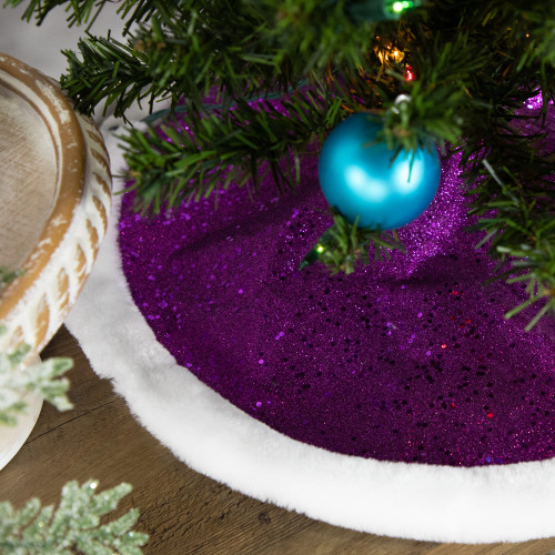 20" Magenta Glittered Mini Christmas Tree Skirt with White Fur Trim