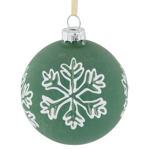 4ct Green Glass Christmas Ball Ornaments with White Snowflakes 3" (80mm)