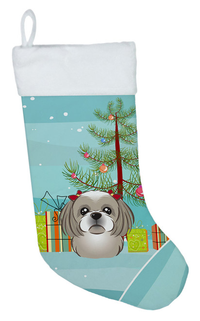 Christmas Tree and Gray Silver Shih Tzu Christmas Stocking BB1622CS