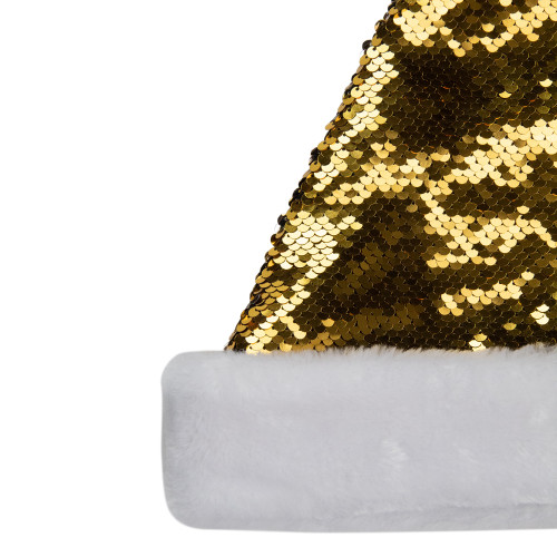 15" Gold and Silver Reversible Sequined Christmas Santa Hat with Faux Fur Cuff