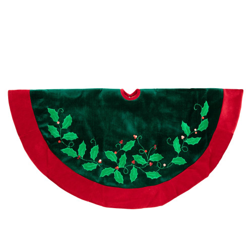 48" Dark Green Holly and Berry Velveteen Christmas Tree Skirt