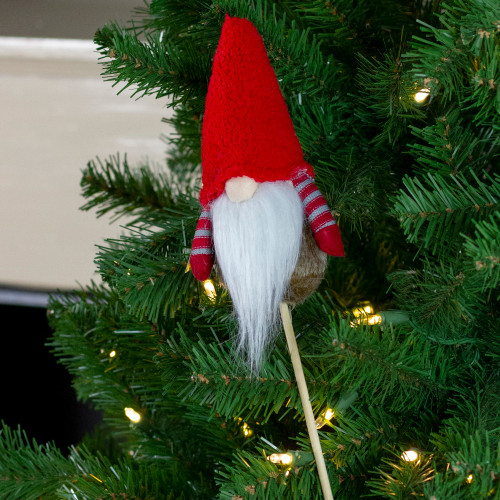 11.5" Tiny Gray Faux Fur Santa Gnome with Red Hat and Striped Arms on a Stick Christmas Decoration