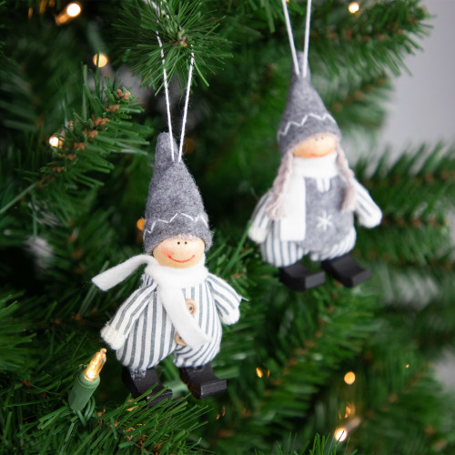 Set of 2 Gray and White Striped Plush Twin Gnomes Christmas Ornaments 5.5"
