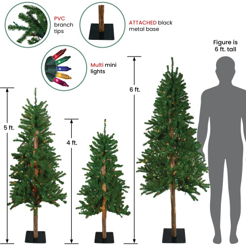 Set of 3 Pre-Lit Slim Alpine Artificial Christmas Trees 6' - Multi Lights