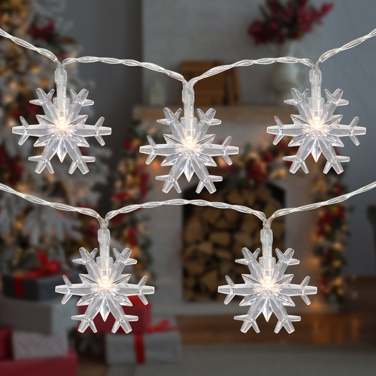 10-Count LED Snowflake Christmas Fairy Lights, 4.25ft, Copper Wire