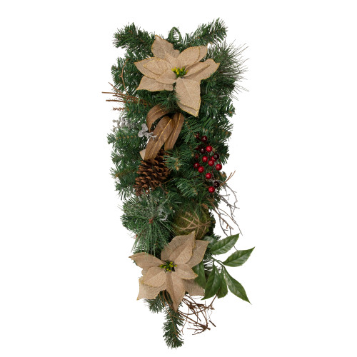 28" Mixed Pine Berry and Poinsettia Artificial Christmas Teardrop Swag - Unlit