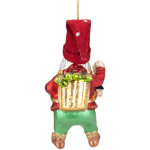 6" Gold and Red Gnome with Lantern and Flower Basket Glass Christmas Ornament