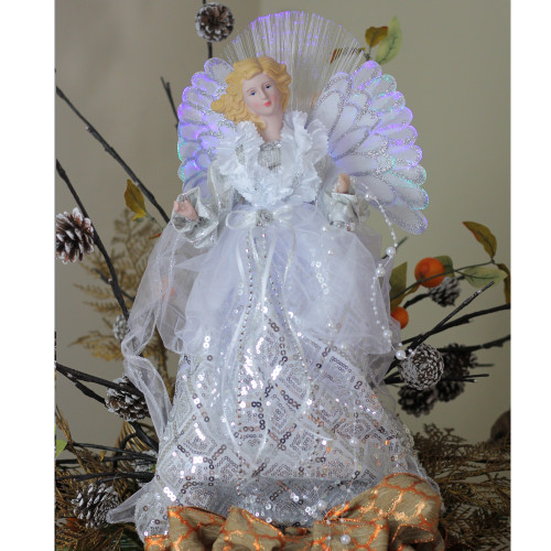 16" White and Silver Lighted Angel Sequined Gown Christmas Tree Topper