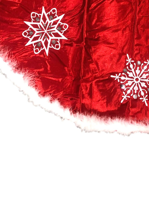 Trimmery Red Satin Snowflake Tree Skirt With Feather Boa Trim Christmas Holiday