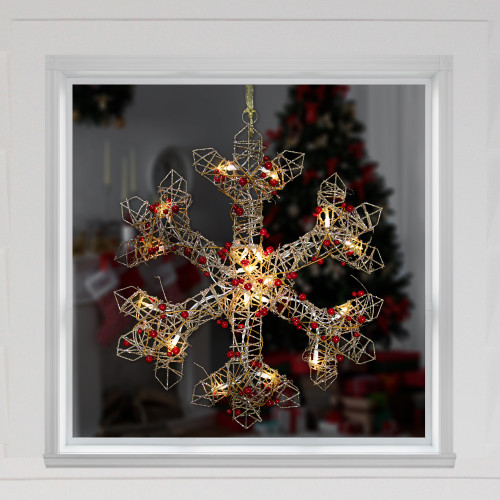 19" Lighted Silver Glittered Berry Rattan Snowflake Christmas Window Decoration