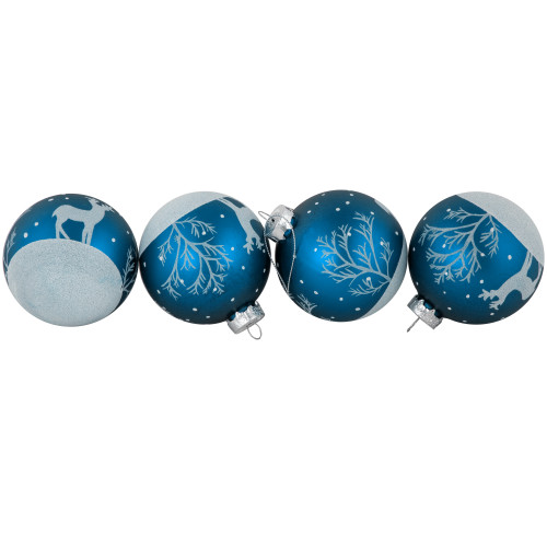 4ct Blue Glass Ball Christmas Ornaments with Glitter Reindeer 3"