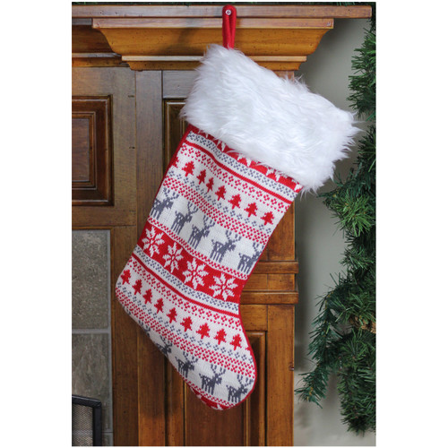 19" Red and White Deer and Snowflake Knit Christmas Stocking with Faux Fur Cuff