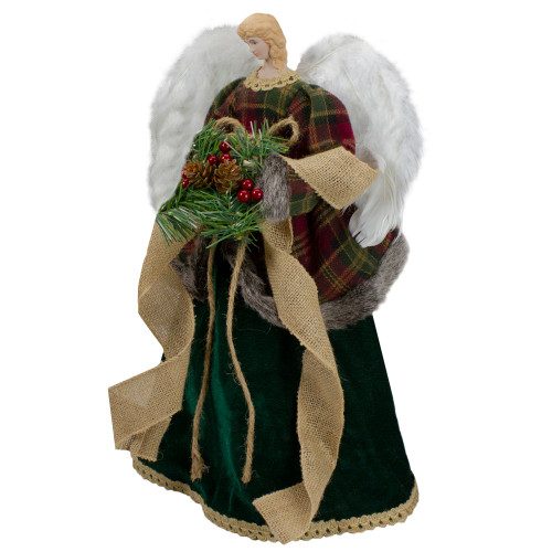 18" Red and Green Angel in a Dress Christmas Tree Topper Accented with Holly Berries - Unlit
