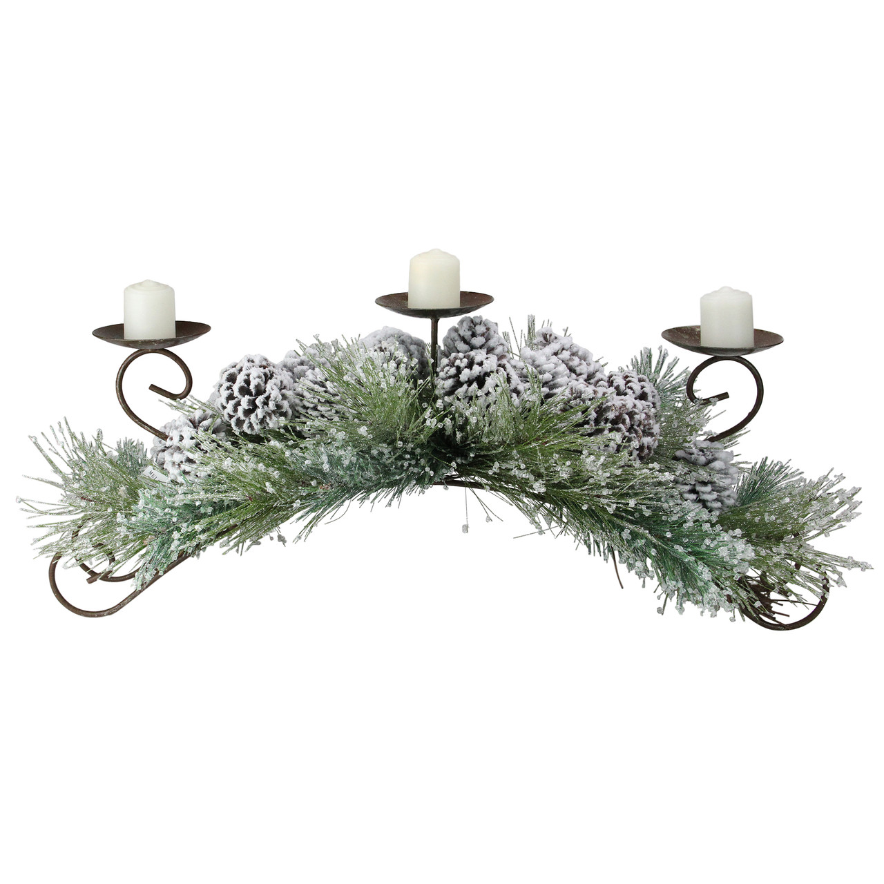 30" Green Frosted Pine Needle and Pine Cone Christmas Candle Holder