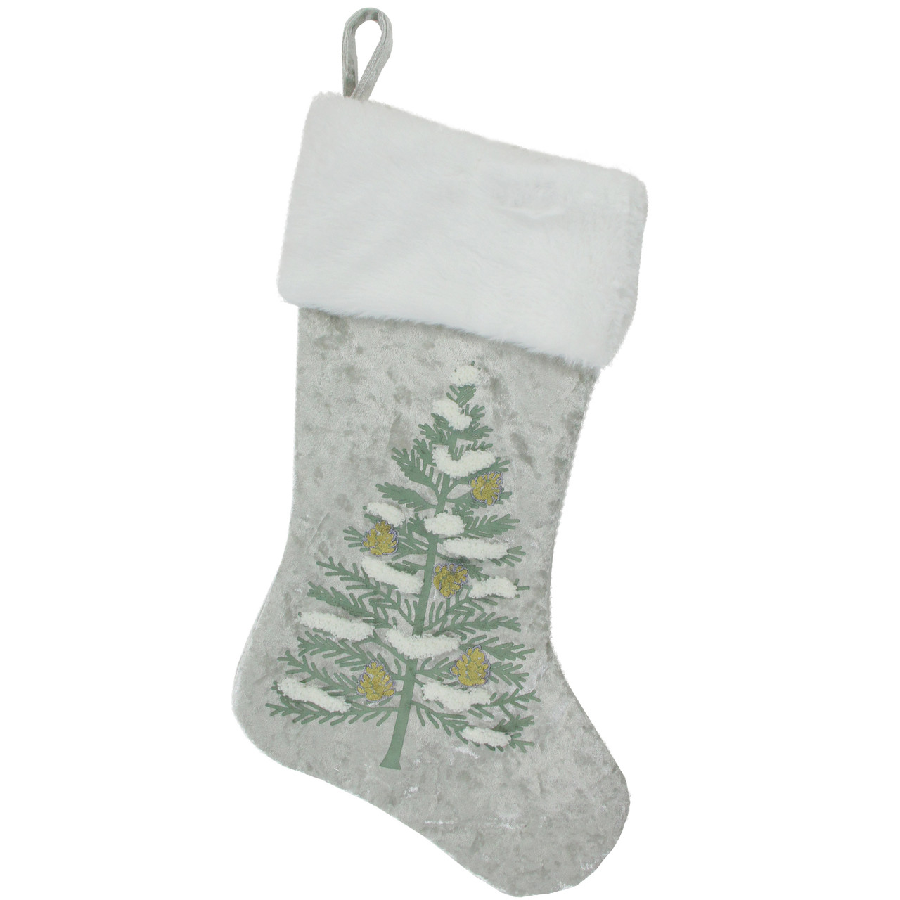 20" Snow Covered Green Tree Gray Christmas Stocking with White Cuff