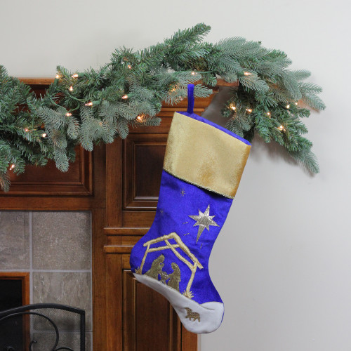 20.5" Blue and Gold Nativity Scene Christmas Stocking with Gold Cuff