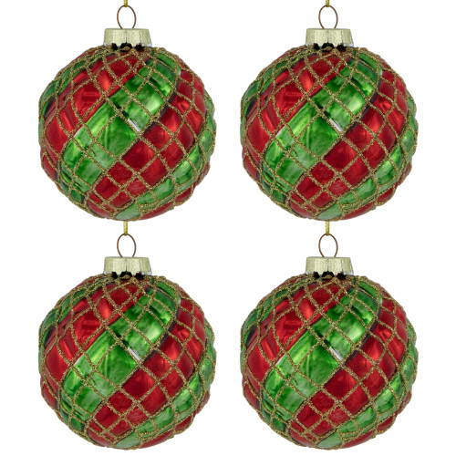 4ct Red and Gold Basket Weave Christmas Glass Ball Ornaments 3"