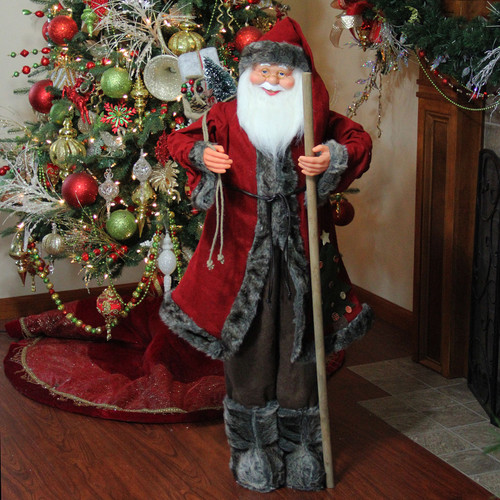 48" Red and Brown Santa Claus with Walking Stick Standing Christmas Figure