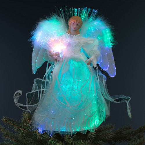 Fiber Optic Color-Changing Angel with Dove Christmas Tree Topper - 12" - White