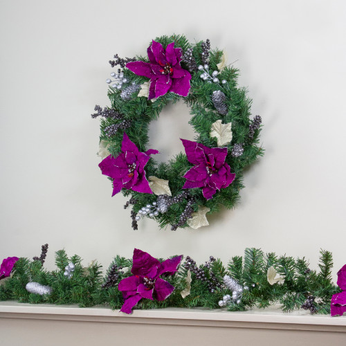 Poinsettia and Pine Cone Berries Artificial Christmas Wreath - 24" - Purple - Unlit