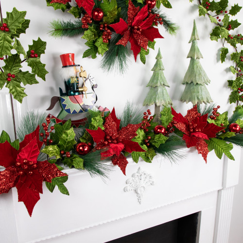48" Glittered Red Poinsettia and Long Pine Christmas Swag, Unlit