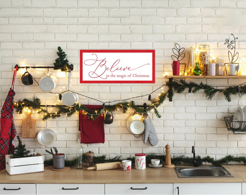 Red Believe in the Magic of Christmas 11.5" x 25.5" Framed Christmas Wall Decor  Sign Poster in a Red Wooden Frame with UV Acrylic and Hangers