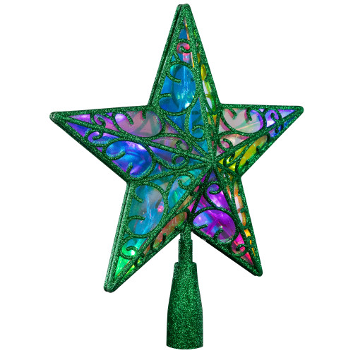 LED Lighted Glittered Star Christmas Tree Topper - 11" - Green - Multicolor Lights